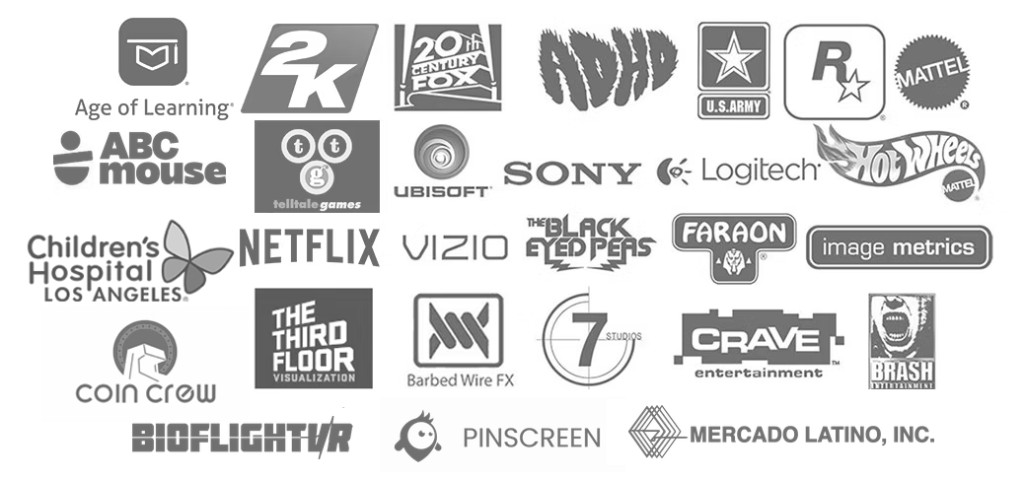 Studio and publisher marks including Age of Learning, 2K, 20th Century Fox, Rockstar, Ubisoft, Sony, Netflix, Telltale, Mattel, Hot Wheels, Children's Hospital Los Angeles, and others